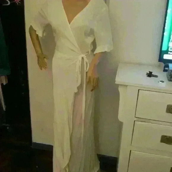 Midi white beach wedding wrap A line flared ruched  short sleeve dress M - Picture 3 of 5